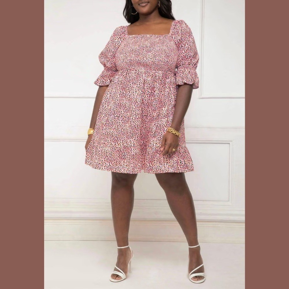 ELOQUII Elements Size 16 Puff Sleeve Smocked Bodice Dress Fit and Flare Pink